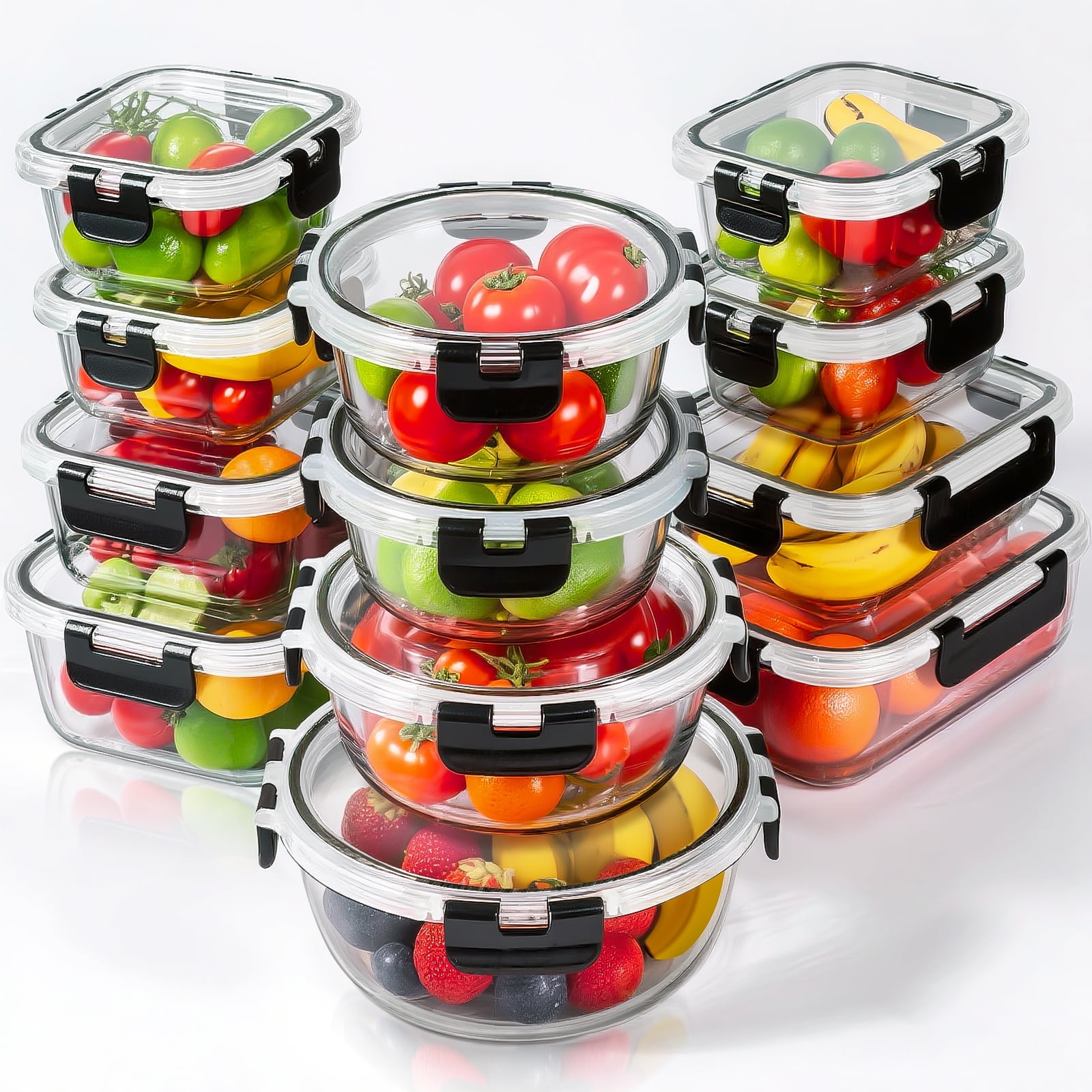 stusgo 24 Pcs Glass Storage Containers with Lids, Reusable for Kitchen Organization (12Pcs Black) - Walmart.com