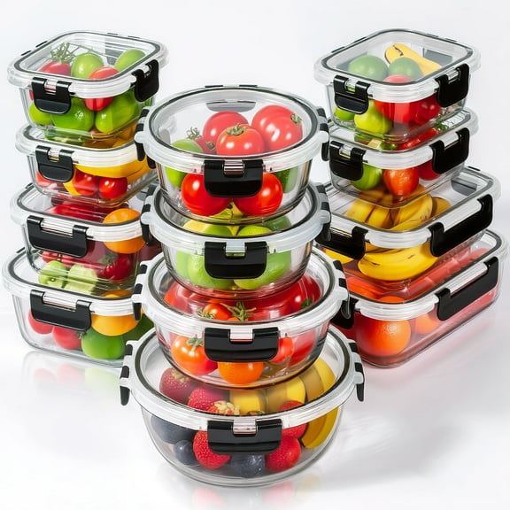 stusgo 24 Pcs Glass Storage Containers with Lids, Reusable for Kitchen Organization (12Pcs Black)