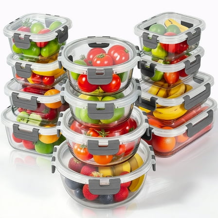 stusgo 24 Pcs Glass Storage Containers with Lids, Reusable for Kitchen Organization (12 Pcs Grey)