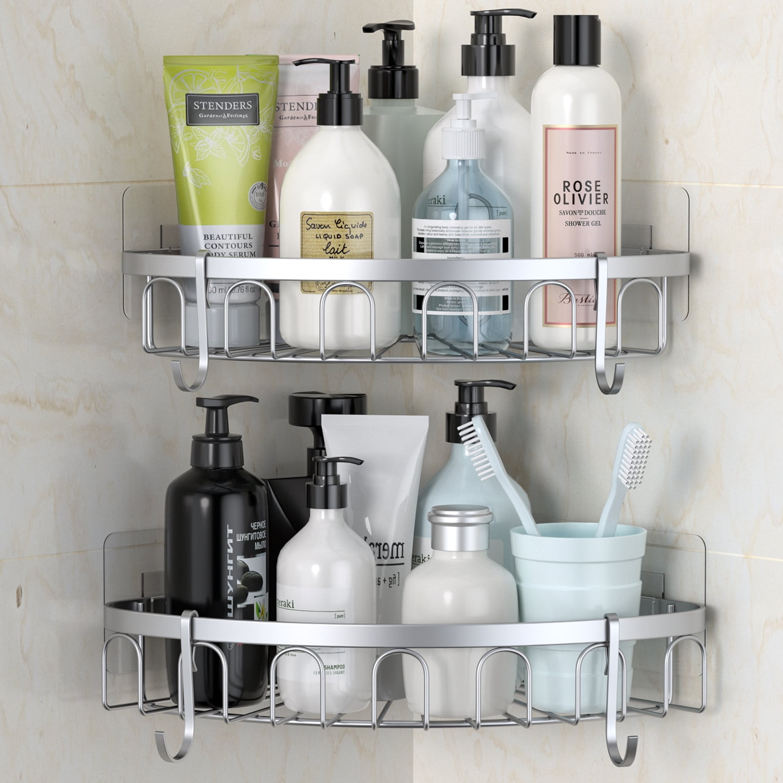 Wall Mount Adhesive Stainless Steel Corner Shower Caddy Organizer Shelf  with 8 hooks in Matte Black 2-Pack