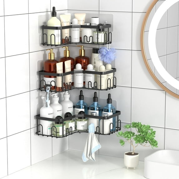 stusgo 3 Pack Corner Shower Caddy, Stainless Steel Corner Shower Shelf with 18 Hooks, Adhesive Shower Shelves Shower Organizer Corner for Bathroom Storage (Black)
