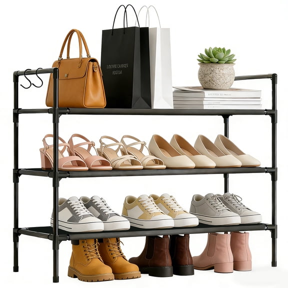 stusgo Shoe Rack for Closet, 3 Tier Shoe Organizer with 2 Hooks, Long Shoe Shelf Storage for Sneaker and Boot Stackable Free Standing Shoe Rack for Entryway, Garage, Small Spaces, Corridor