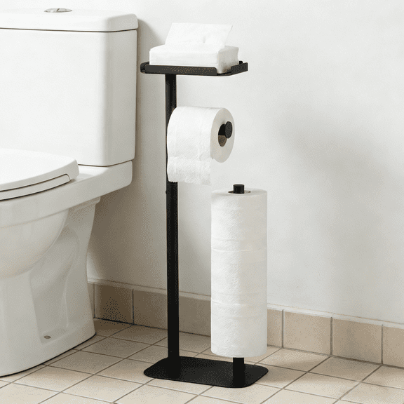 stusgo Black Toilet Paper Holder Free Standing with Shelf, Freestanding Toilet Paper Holders with Storage & Phone Shelf, Modern Standing Toilet Paper Holder for Bathroom, Tissue Holder Stand
