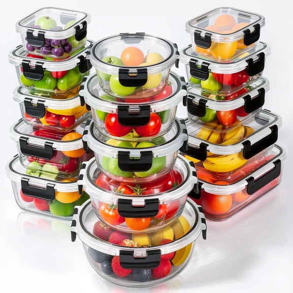stusgo 15 Pas Glass Storage Containers with Lids, BPA Free，Reusable (15 Pcs,Black)