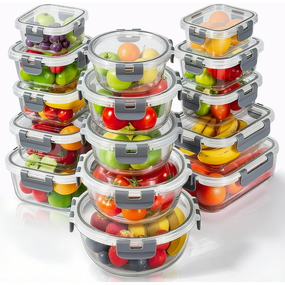stusgo 30 Pas Glass Storage Containers with Lids, BPA Free，Reusable (15 Pcs grey)