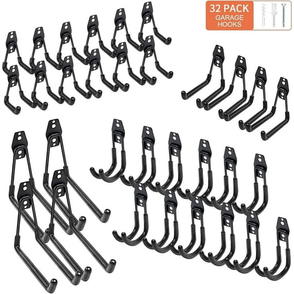 stusgo 32 Pack Garage Hooks Heavy Duty, Utility Steel Garage Storage Hooks, Wall Mount Tool Organizer with Anti-Slip Coating for Garden Tools, Ladders, Bulky Items and More Equipment (Black)