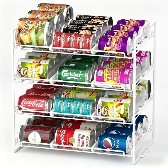 stusgo 4 Tiers Stackable Can Rack Organizer, Wear-resistant Upgrade Beverage Food Can Dispenser Holder Holds up to 48 Cans for Kitchen Cabinet and Pantry (White)