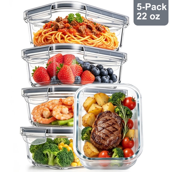 stusgo 5 Pack 22oz Glass Food Storage Containers with Lids, Airtight Snap Locks,Microwave,Oven,Freezer & Dishwasher Safe(Grey)