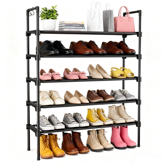 stusgo Shoe Rack for Closet, 5 Tier Shoe Organizer with 2 Hooks, Long Shoe Shelf Storage for Sneaker and Boot Stackable Free Standing Shoe Rack for Entryway, Garage, Small Spaces, Corridor