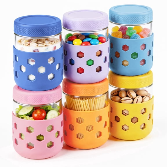 stusgo 6 Pack 16 Oz Glass Overnight Oats Containers with Lids and Silicone Sleeves, Glass Mason Jars