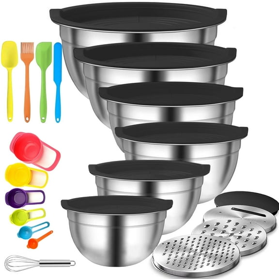 stusgo 6 Pcs Mixing Bowls with Lids,Stainless Steel Mixing Bowls with 3 Grater Attachments,Kitchen Utensils,Mixing Bowl Set for Kitchen Mixing Baking Prepping Cooking Serving,Black