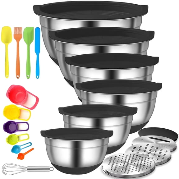 stusgo 6 Pcs Mixing Bowls with Lids,Stainless Steel Mixing Bowls with 3 Grater Attachments,Non-Slip Bottoms,Kitchen Utensils,Mixing Bowl Set for Kitchen Mixing Baking Prepping Cooking Serving,Black