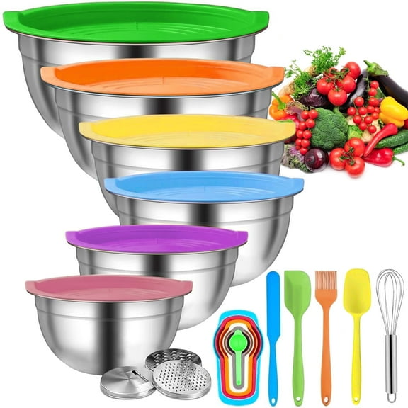 stusgo 7 Pcs Mixing Bowls with Lids （5、4、3、2、1.5、1、0.75Q），21 Pcs Stainless Steel Mixing Bowls Set-Colorful