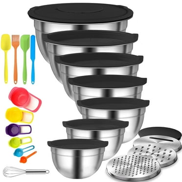 stusgo 7 Pcs Mixing Bowls with Lids （5、4、3、2、1.5、1、0.75Q），21 Pcs Stainless Steel Mixing Bowls Set-Black