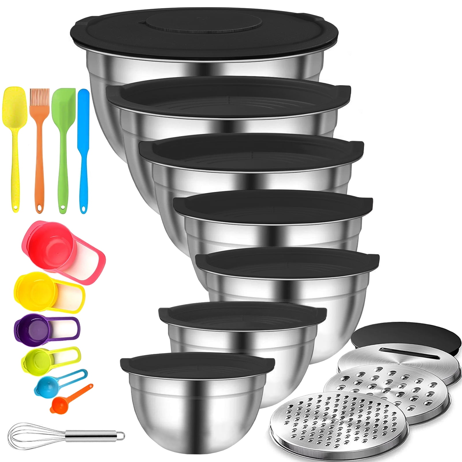 TINANA Mixing Bowls Lids 20 Pcs Stainless Steel Mixing Bowls Set Rubber Bottom 7 4 3 5 2 5 2 1 5QT Metal Mixing Bowls Kitchen Multi Color