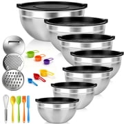 stusgo 7 Pcs Mixing Bowls with Lids  5 4 3 2 1.5 1 0.75Q 21 Pcs Stainless Steel Mixing Bowls Set-Black