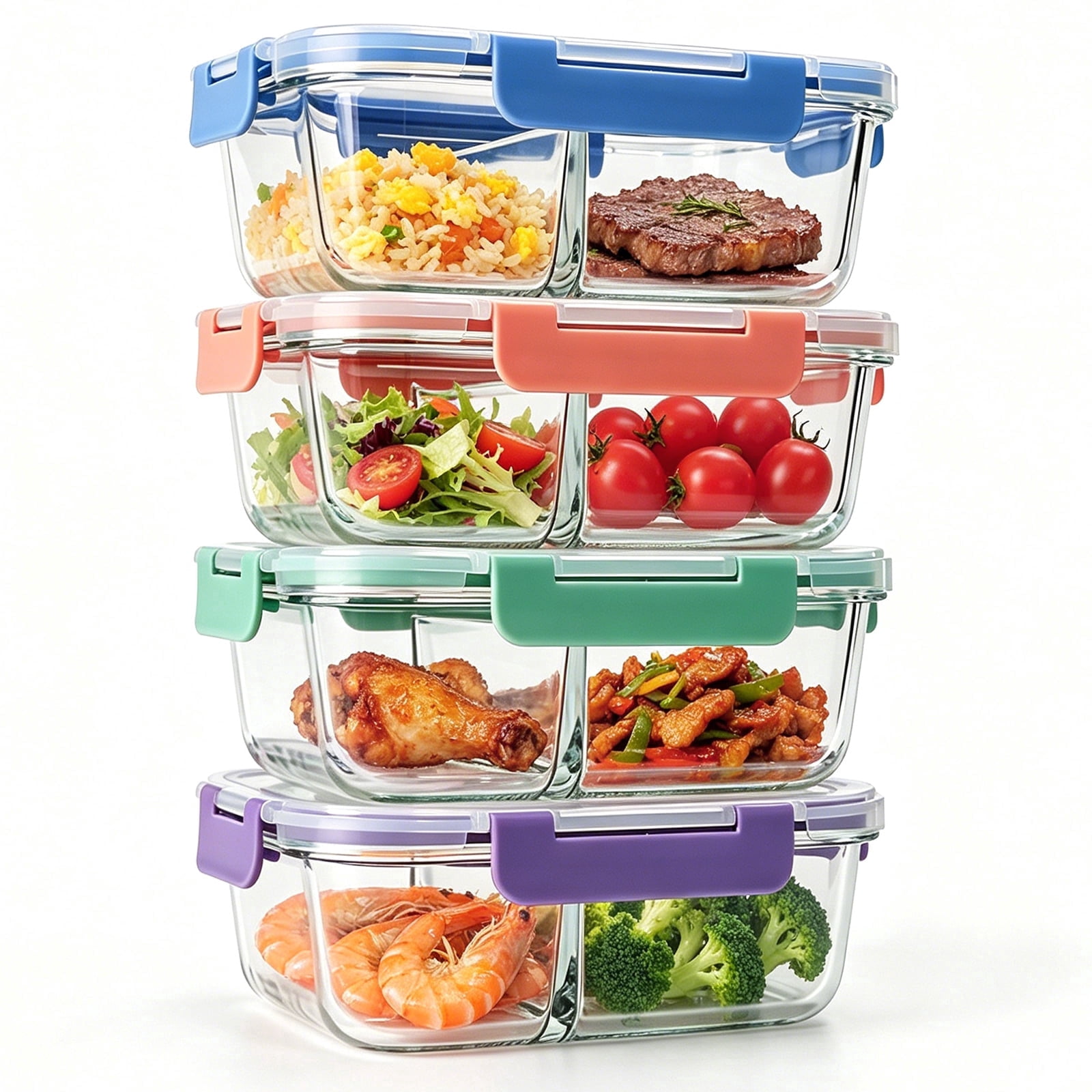 stusgo 35 Oz Glass Food Storage Containers 4-Pack,2 Compartment Portion Control with Airtight Snap Lids，Microwave, Oven, Freezer & Dishwasher Safe (4 Pack,Colorful)