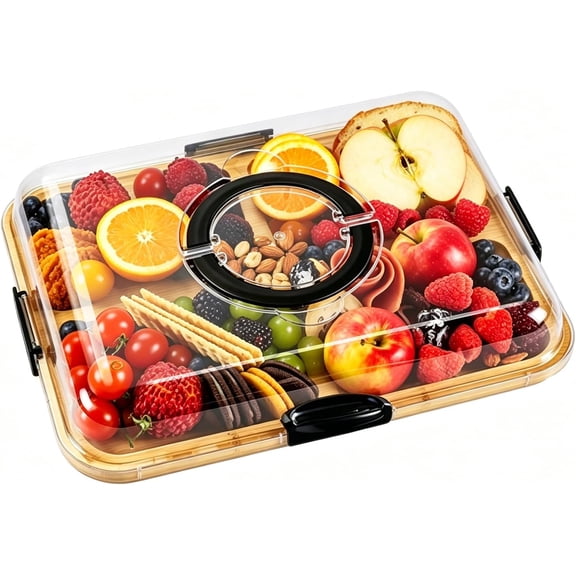 stusgo Charcuterie Board with Clear Lid, Portable Cheese Board with Dust-Proof Cover, Snack Tray