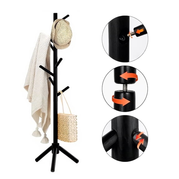 stusgo Coat Rack Freestanding,Wooden Coat Tree with 8 Hooks and 3 Adjustable Section Height (Black)