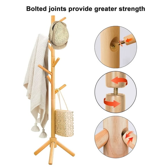 stusgo Coat Rack Freestanding,Wooden Coat Tree with 8 Hooks and 3 Adjustable Section Height (Log)