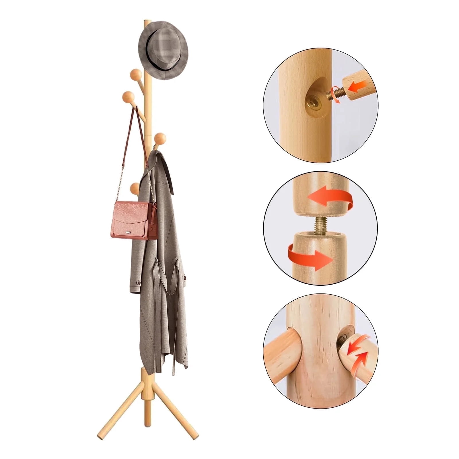 Attachable Coat Rack stusgo, Wooden Coat Rack, with 8 Hooks Sphere, Adjustable Height ...