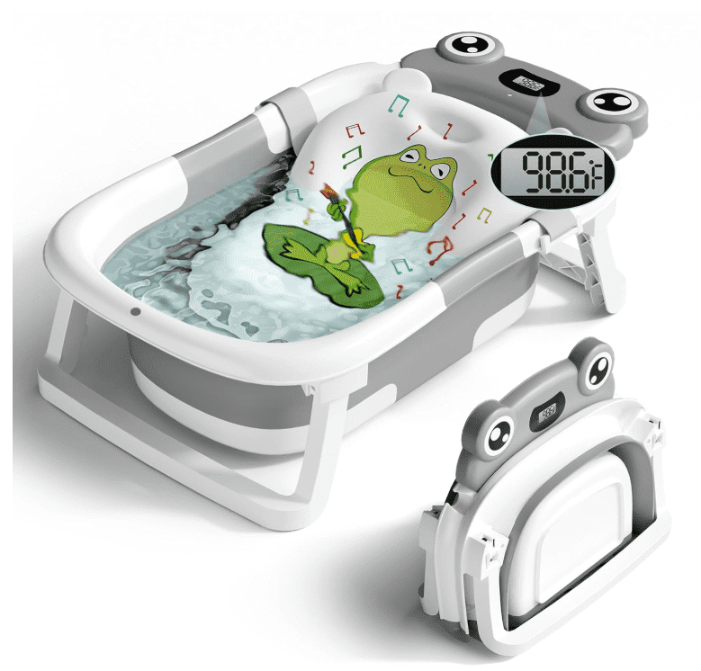 stusgo Collapsible Baby Bathtub, Plastic Frog Baby Bath Tub with Soft Cushion & Thermometer（Grey）