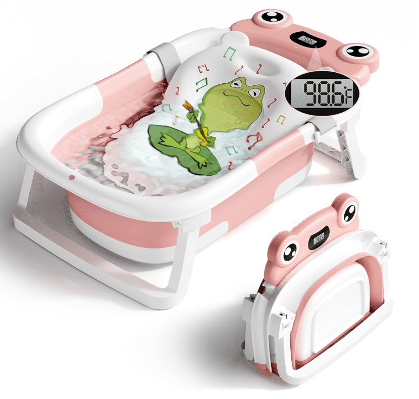 stusgo Collapsible Baby Bathtub, Plastic Frog Baby Bath Tub with Soft Cushion & Thermometer（Pink）