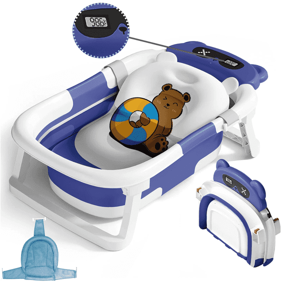 stusgo Collapsible Baby Bathtub, Plastic Baby Bath Tub with Soft Cushion & Thermometer（Blue）