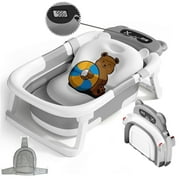 stusgo Collapsible Baby Bathtub, Plastic Baby Bath Tub with Soft Cushion & Thermometer（Grey）