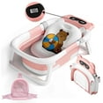 thumbnail image 1 of stusgo Collapsible Baby Bathtub, Plastic Baby Bath Tub with Soft Cushion & Thermometer（Pink）, 1 of 6