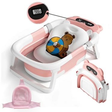 stusgo Collapsible Baby Bathtub, Plastic Baby Bath Tub with Soft Cushion & Thermometer（Pink）