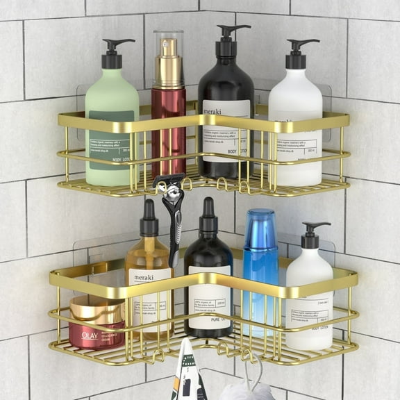 stusgo Corner Shower Caddy, Adhesive Shower Shelves No Drilling [2-Pack], Rustproof Stainless Steel Bathroom Shower Organizer with 8 Hooks, Shower Shelf for Inside Shower (Gold)