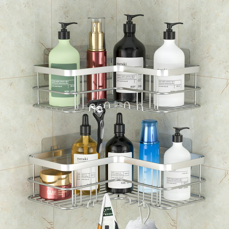Sulishang Corner Shower Caddy 2 Pack, Bathroom Shower Organizer Shelves, No Drilling Corner Shower Shelves Shampoo Holder with 8 Hooks and 6 Adhesives