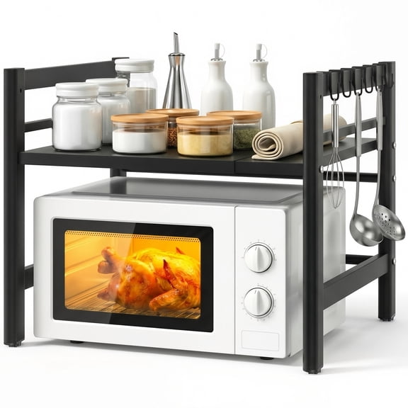 stusgo Extendable Microwave Shelf, Adjustable Toaster Oven Rack Kitchen Counter Top Organizer Stand, 2-Tier with 6 Hooks,110 lbs Weight Capacity, Black