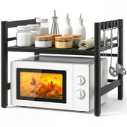 stusgo Extendable Microwave Shelf, Adjustable Toaster Oven Rack Kitchen Counter Top Organizer Stand, 2-Tier with 6 Hooks,110 lbs Weight Capacity, Black