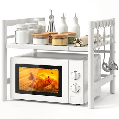 stusgo Extendable Microwave Shelf, Adjustable Toaster Oven Rack Kitchen Counter Top Organizer Stand, 2-Tier with 6 Hooks,110 lbs Weight Capacity, White