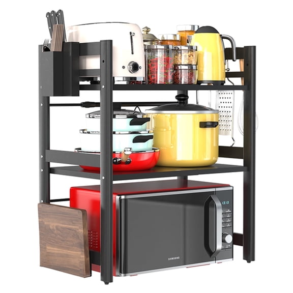 stusgo Extendable Microwave Shelf, Adjustable Toaster Oven Rack Kitchen Counter Top Organizer Stand, 3-Tier with 6 Hooks,110 lbs Weight Capacity, Black