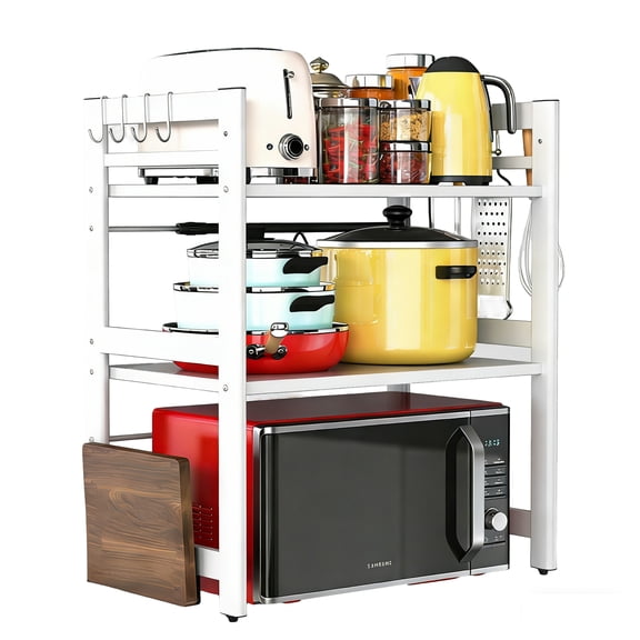stusgo Extendable Microwave Shelf, Adjustable Toaster Oven Rack Kitchen Counter Top Organizer Stand, 3-Tier with 6 Hooks,110 lbs Weight Capacity, White