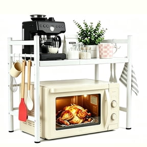 stusgo Microwave Oven Rack, Expandable Microwave Oven Stand, Adjustable 2-Tier Microwave Shelf with 6 Hooks, Carbon Steel Kitchen Storage Shelf for Countertop Organization (White 2 Tier)