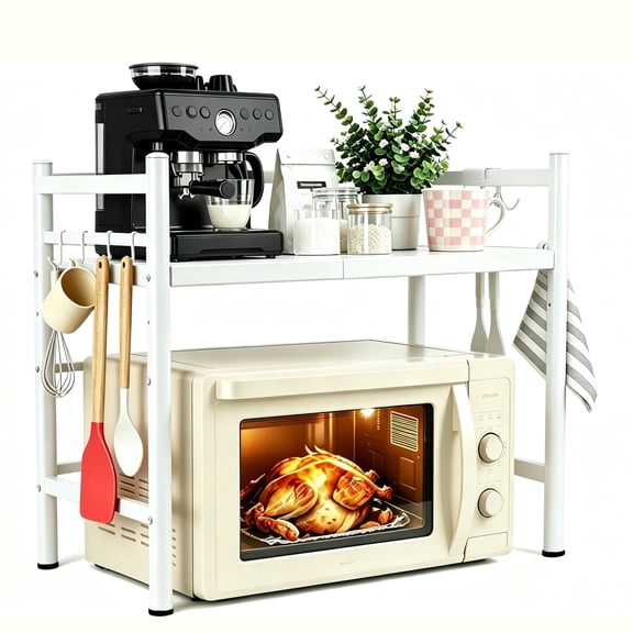stusgo Microwave Oven Rack, Expandable Microwave Oven Stand, Adjustable 2-Tier Microwave Shelf with 6 Hooks, Carbon Steel Kitchen Storage Shelf for Countertop Organization (White 2 Tier)