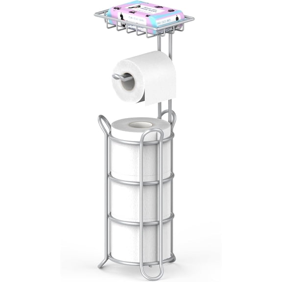 stusgo Inserted Tube Upgraded Toilet Paper Holder Free Standing, Paper Roll Dispenser with Top Storage Shelf for Bathroom-Silver
