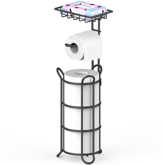 stusgo Inserted Tube Upgraded Toilet Paper Holder Free Standing, Paper Roll Dispenser with Top Storage Shelf for Bathroom-Black