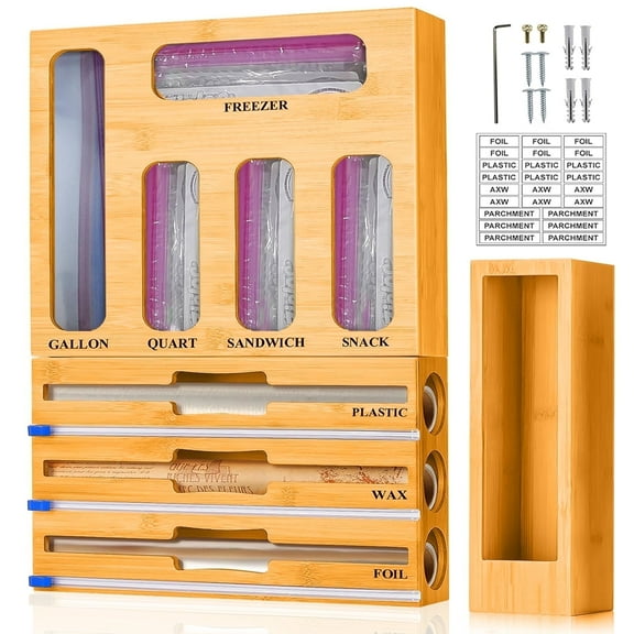 stusgo 9-in-1 Wooden Ziplock Bags Organizer for Kitchen Drawer, Plastic Bag Storage Drawer Organizer