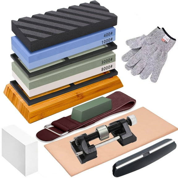 stusgo Knife Sharpening Stone Set - 2 Side Grit 400/1000 3000/8000 Kitchen Knife Sharpener Stone Includes Non-Slip Rubber Bases