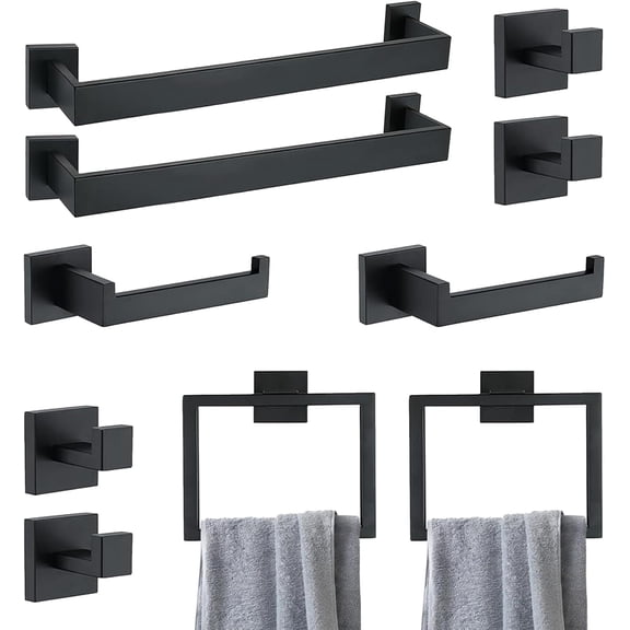 stusgo Matte Black 10-Piece Square Bathroom Hardware Set,2 Stainless Steel 60cm Towel Bars, 2 Towel Racks, 2 Toilet Paper Holders for Bath Room,4 Robe Towel Hooks,Wall Mounted Towel Rack Kit(Black)