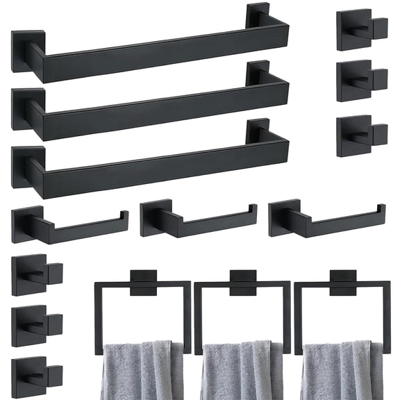 stusgo Matte Black 15-Piece Square Bathroom Hardware Set,3 Stainless Steel 40cm Towel Bars, 3 Towel Racks, 3 Toilet Paper Holders for Bath Room,6 Robe Towel Hooks,Wall Mounted Towel Rack Kit(Black)