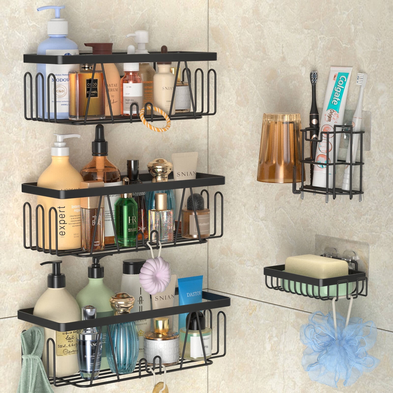 stusgo Shower Caddy, Self-Adhesive Shower Shelves No Drilling 5 Pack Stainless Steel Bathroom Shower Caddy Wall Mounted Large Capacity Shower Shelf for Indoor Shower (Black)