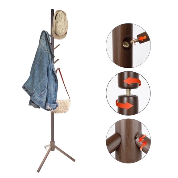 stusgo Coat Rack Freestanding,Wood Coat Tree with 8 Hooks and 3 Adjustable Section Height for Bedroom,Dark Walnut