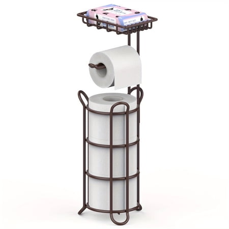 stusgo Toilet Paper Holder Free Standing, Portable Stainless Steel Toilet Paper Roll Storage Rack, Toilet Paper Roll Dispenser with Top Storage Shelf for Bathroom (Bronze)
