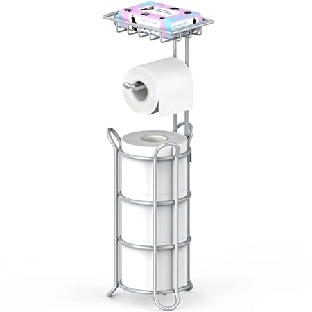 stusgoToilet Paper Holder Free Standing with Top Shelf for Phone & Storage (Silver)